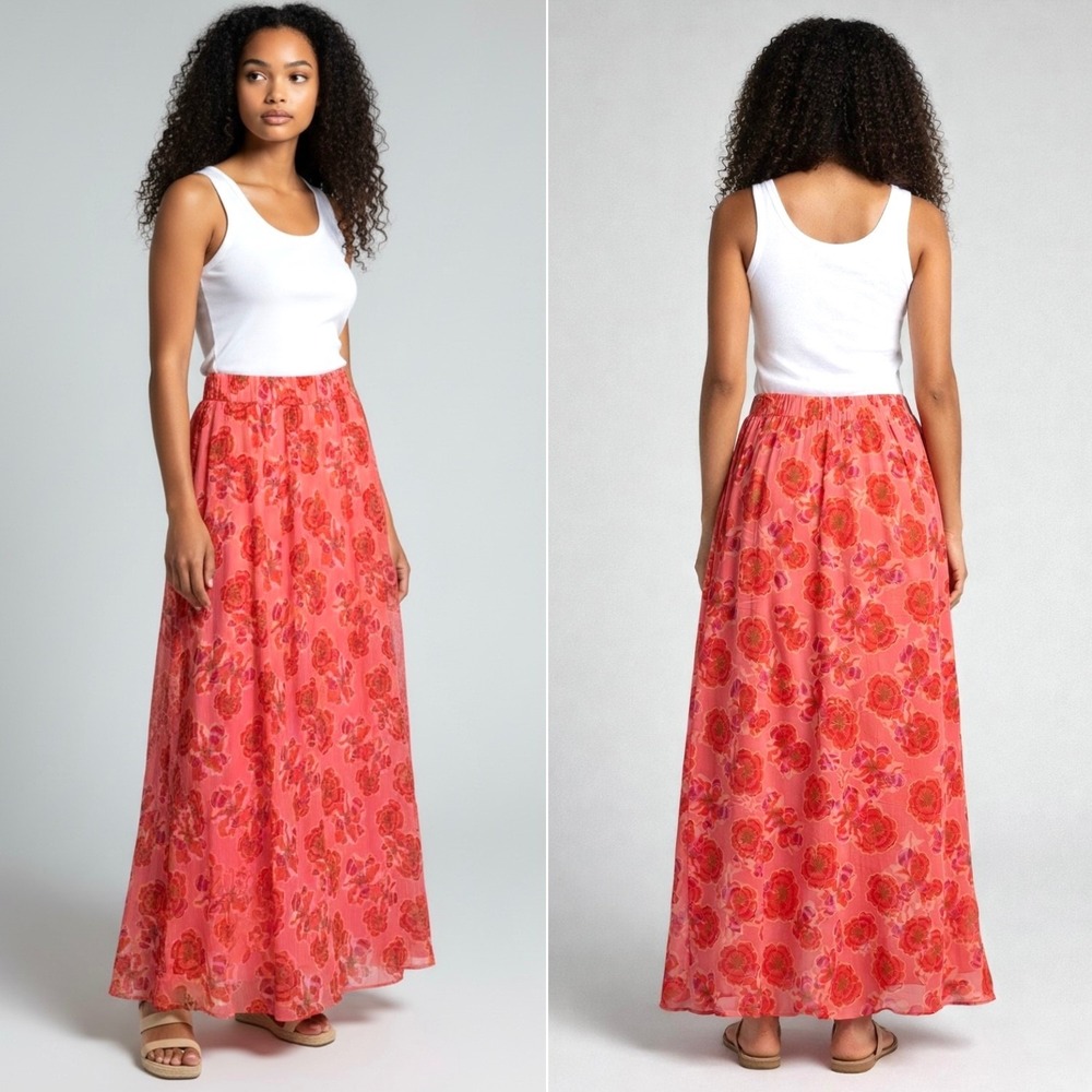 Ann Taylor LOFT Floral Maxi Skirt Size S Coral Pink Crinkle Flowy‎ Pull On Boho